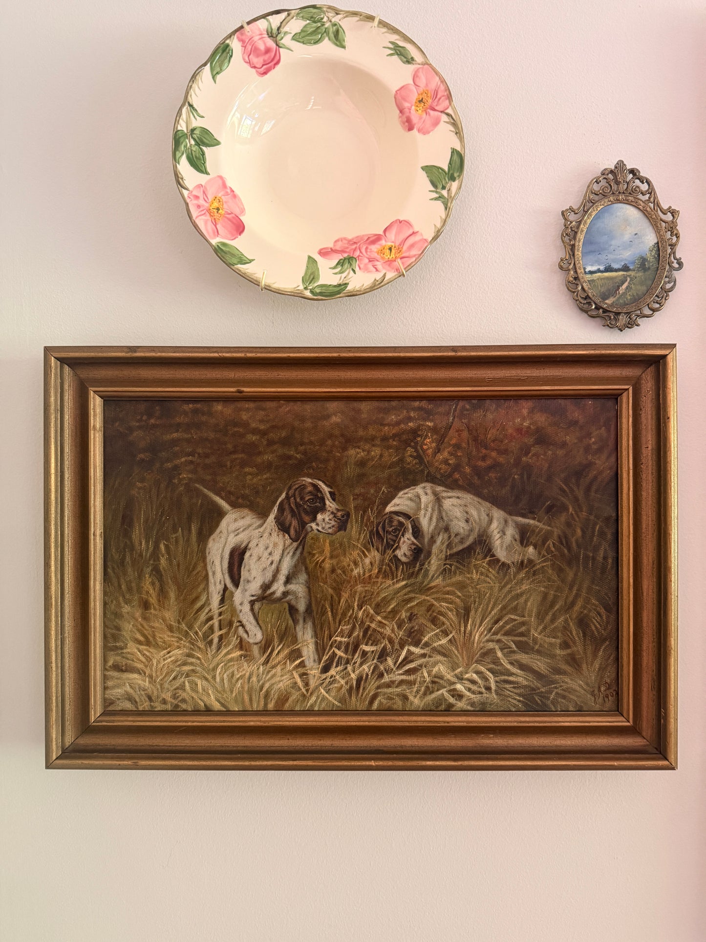 Antique English Pointer hunting dogs, oil on canvas