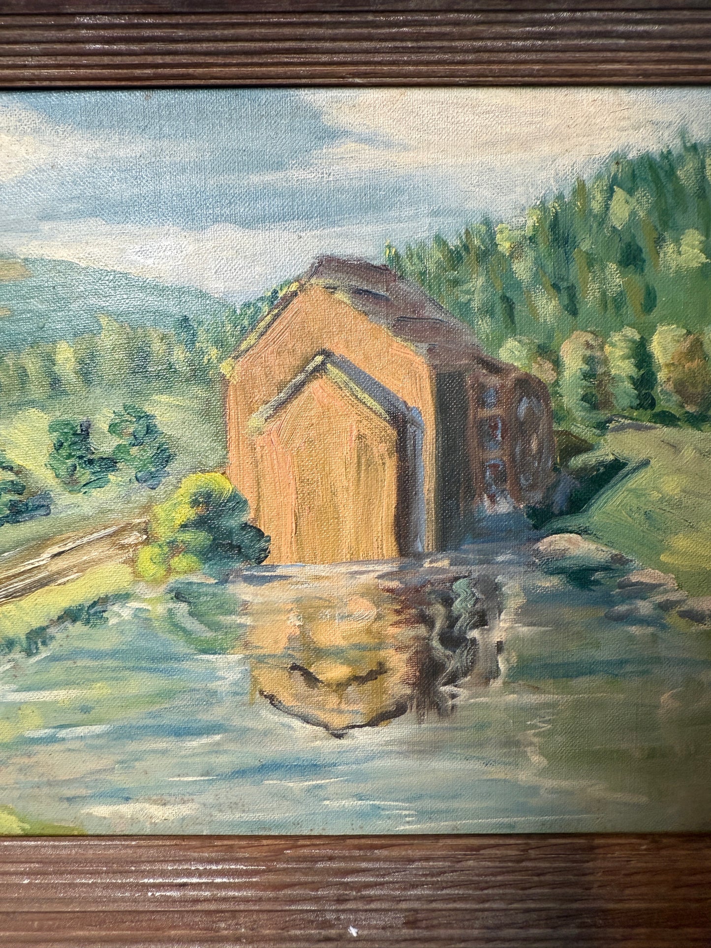 Rustic barn by pond, oil on academy board