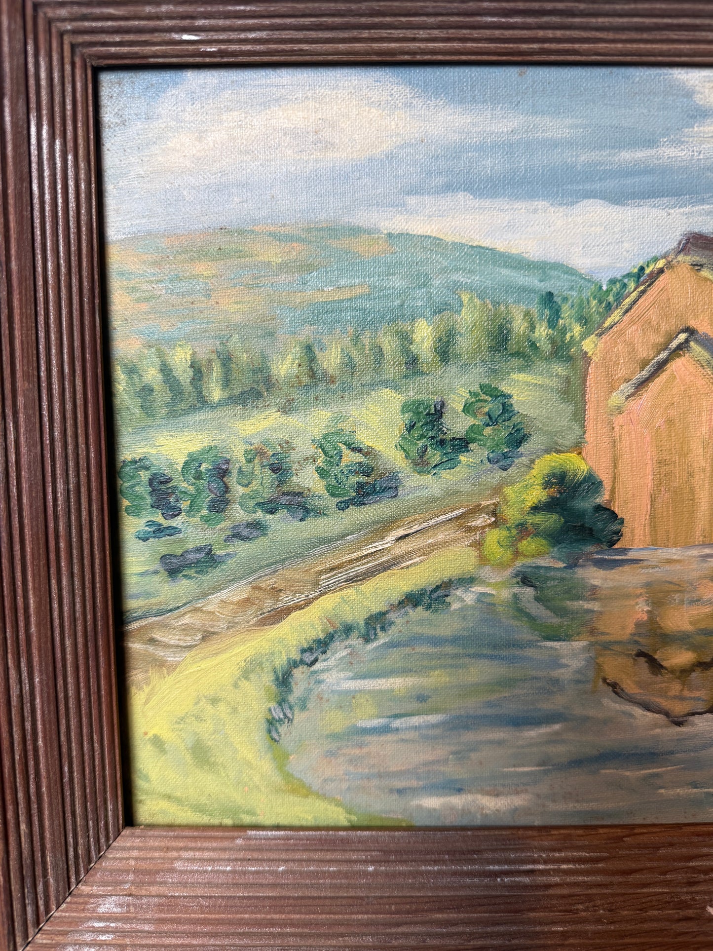 Rustic barn by pond, oil on academy board