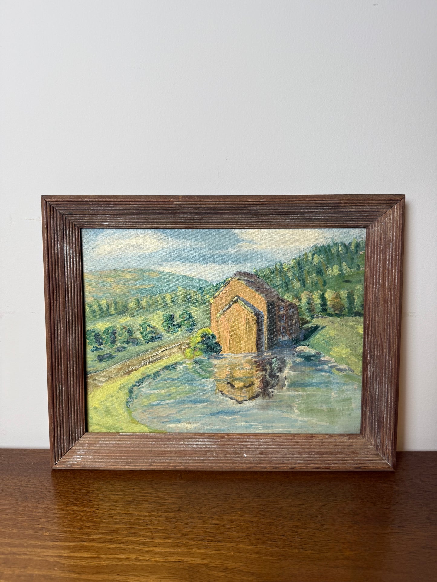 Rustic barn by pond, oil on academy board